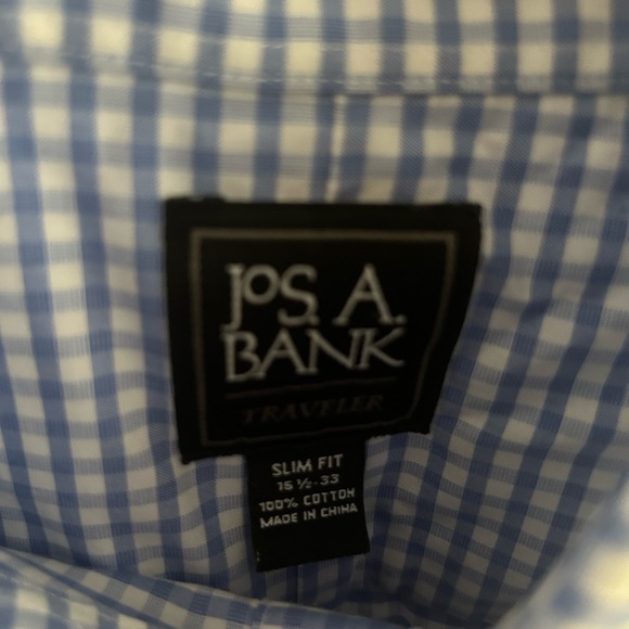 Jos A Bank men’s blue and white gingham slim dress shirt 15 1/2 33 100 cotton - Picture 2 of 3